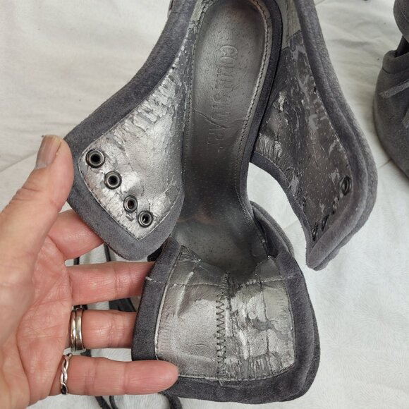 Colin Stuart gray suede booties fringe leather ties tassels stiletto heels 6.5 - Picture 10 of 13